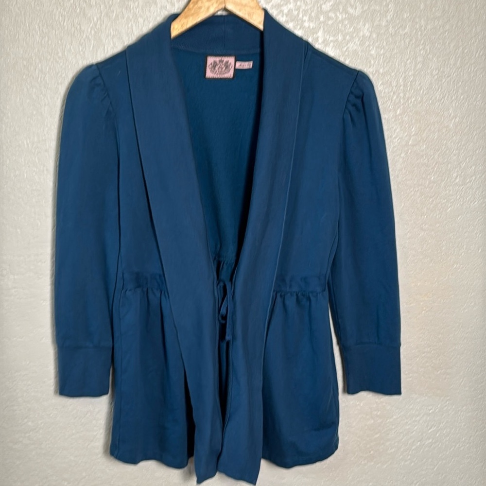Juicy Couture Womens Large Teal Sweatshirt Jacket 3/4‎ Sleeve Tie Front Gathered